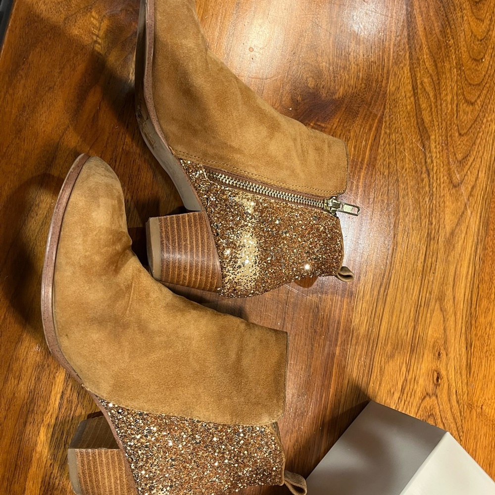 Anthropologie Glitter Heel Tan Ankle Boots - Picture 4 of 5